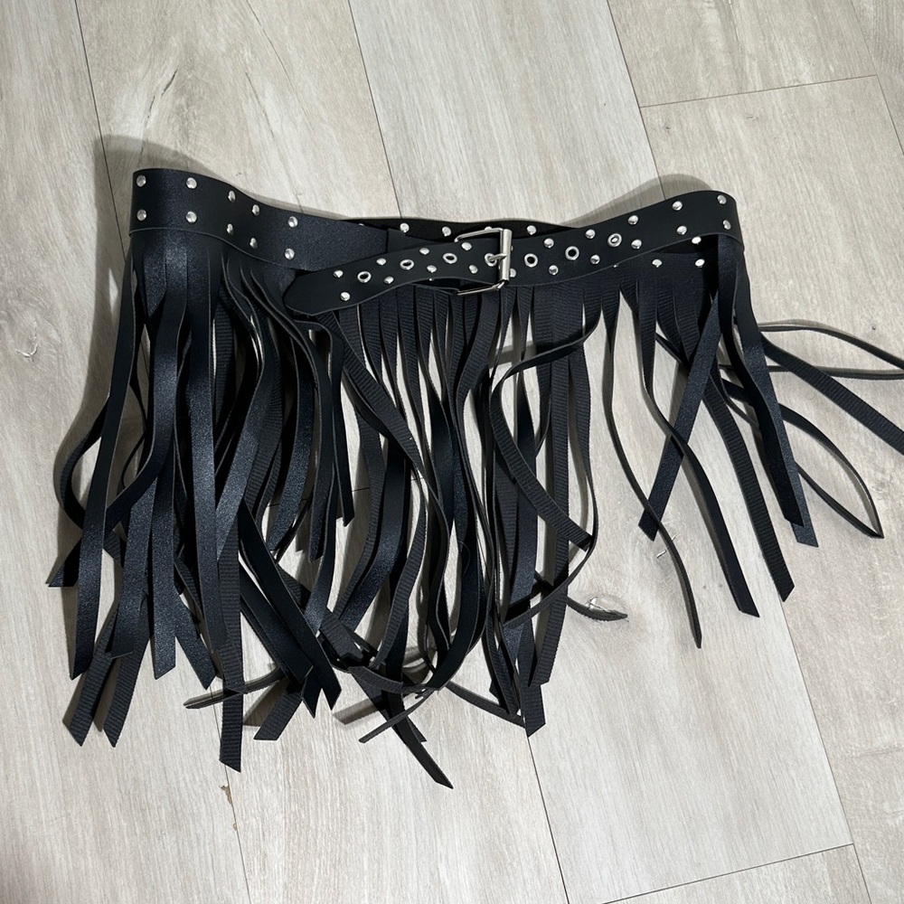 Black Fringe Belt PU Leather Rave Outfit